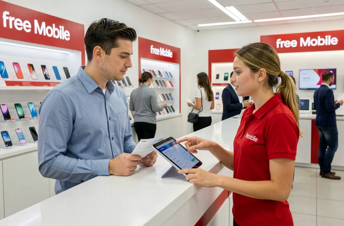 Client en discussion avec un conseiller Free Mobile en boutique pour résoudre un problème de paiement de facture
