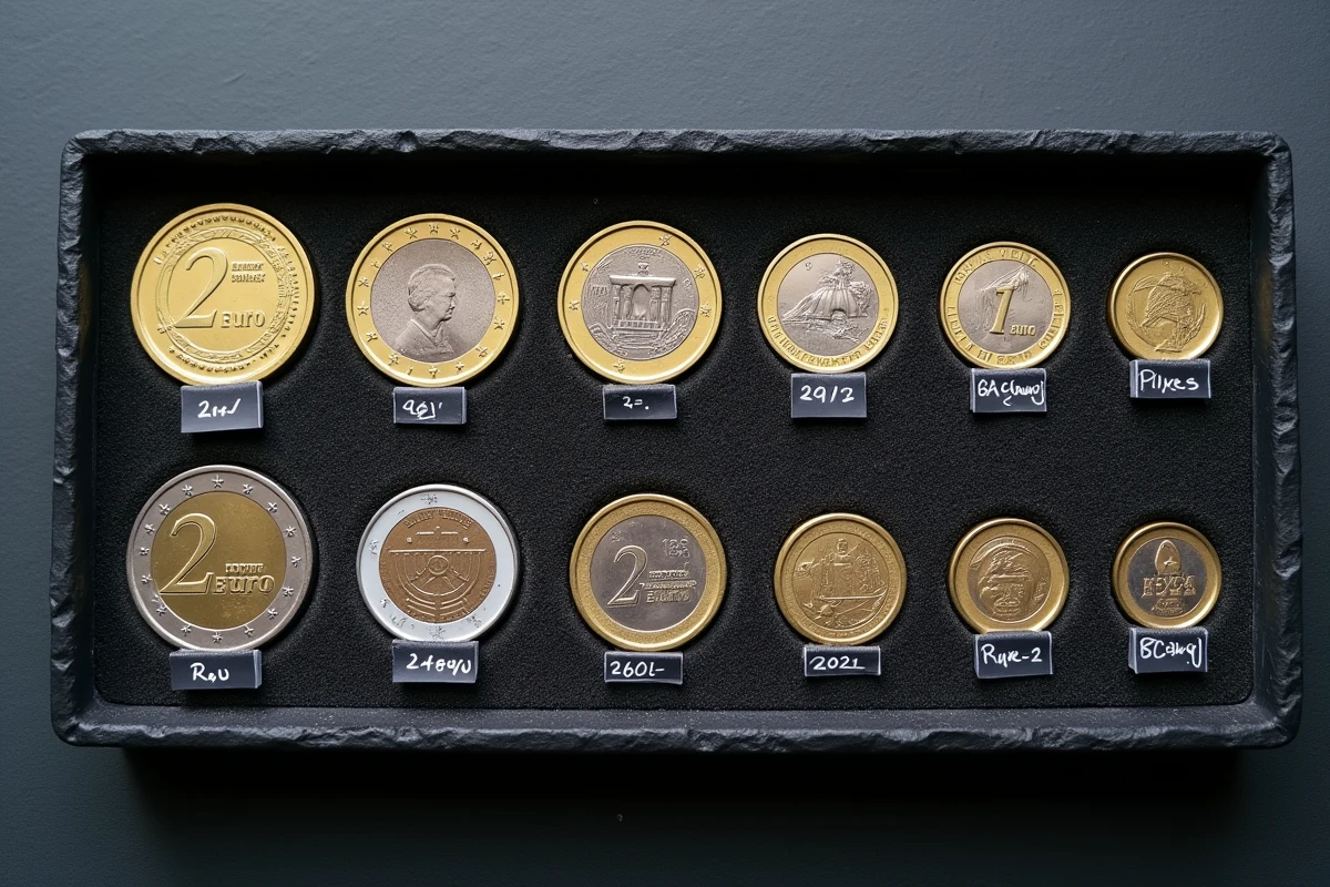 Plateau de collection numismatique présentant plusieurs pièces de 2 euros commémoratives européennes classées et étiquetées
