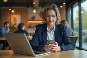 Femme entrepreneur comparant deux applications bancaires professionnelles sur ordinateur portable et smartphone dans un espace de coworking moderne