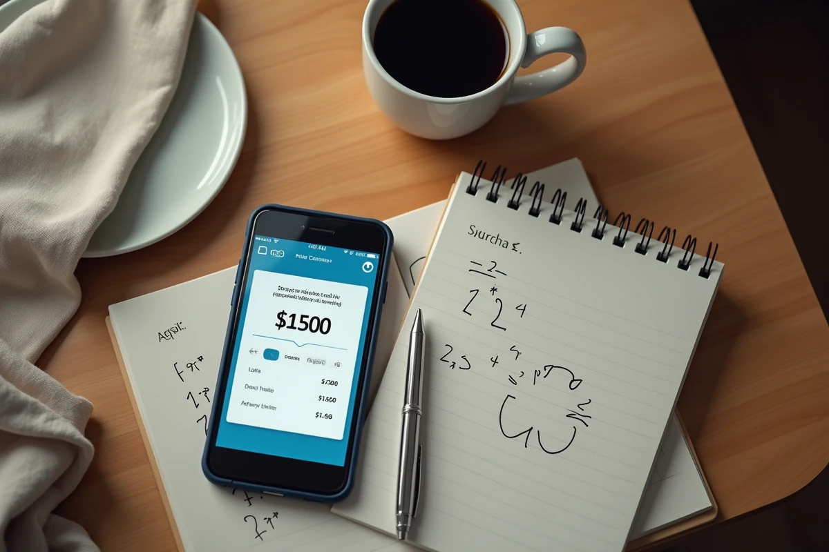 Vue aérienne d'une table avec smartphone affichant une comparaison de crédit Flex LCL et découvert bancaire avec notes manuscrites
