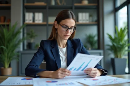 Femme professionnelle analysant des tableaux comparatifs d'EPA IA avant un investissement financier en 2026