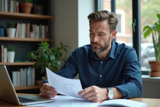 Homme comparant les coûts d'un Flex LCL et d'un découvert autorisé sur des documents bancaires à son bureau
