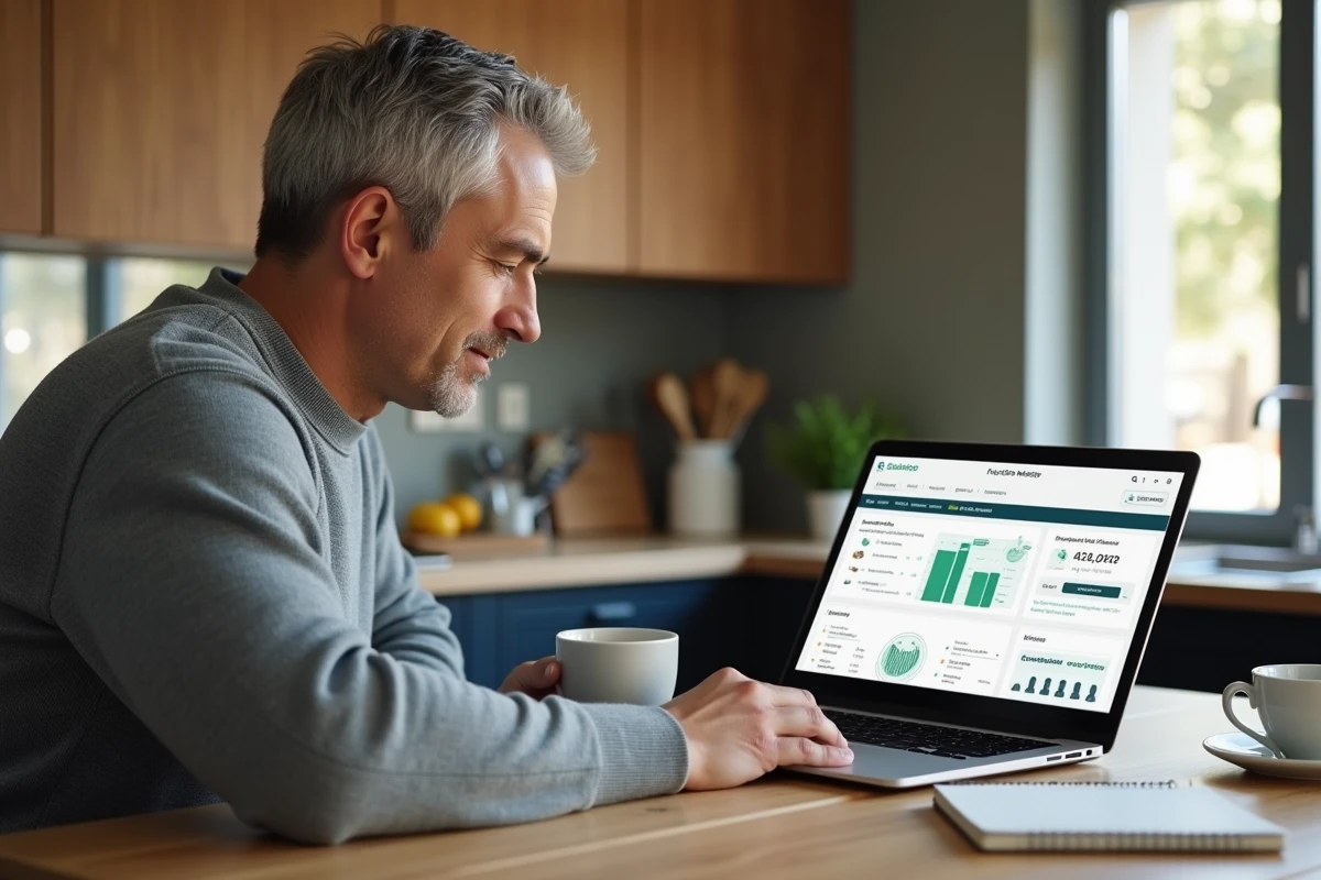 Homme comparant des plateformes d'EPA IA sur son ordinateur portable à domicile pour préparer un investissement