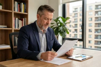 Homme comparant des documents financiers sur SCPI et immobilier locatif dans un bureau moderne