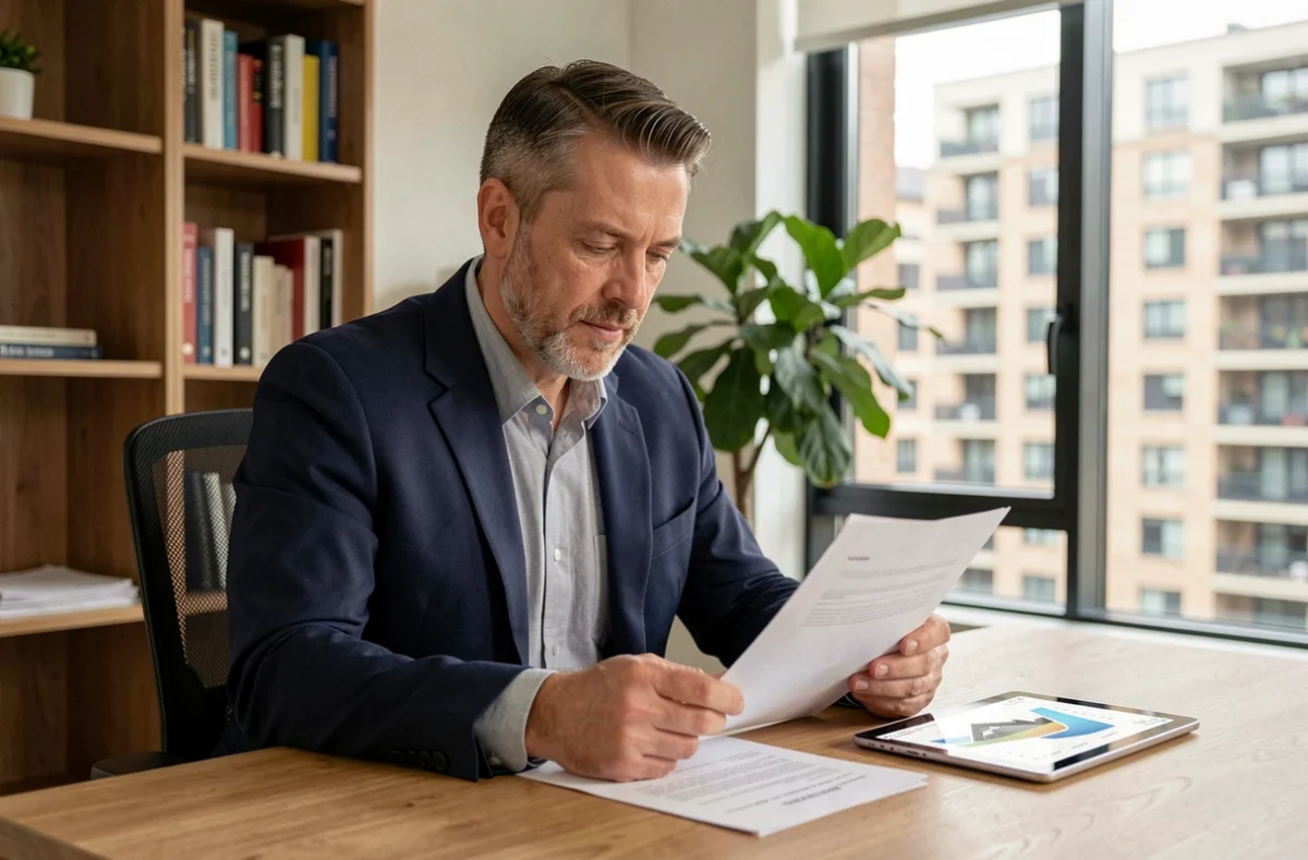 Homme comparant des documents financiers sur SCPI et immobilier locatif dans un bureau moderne