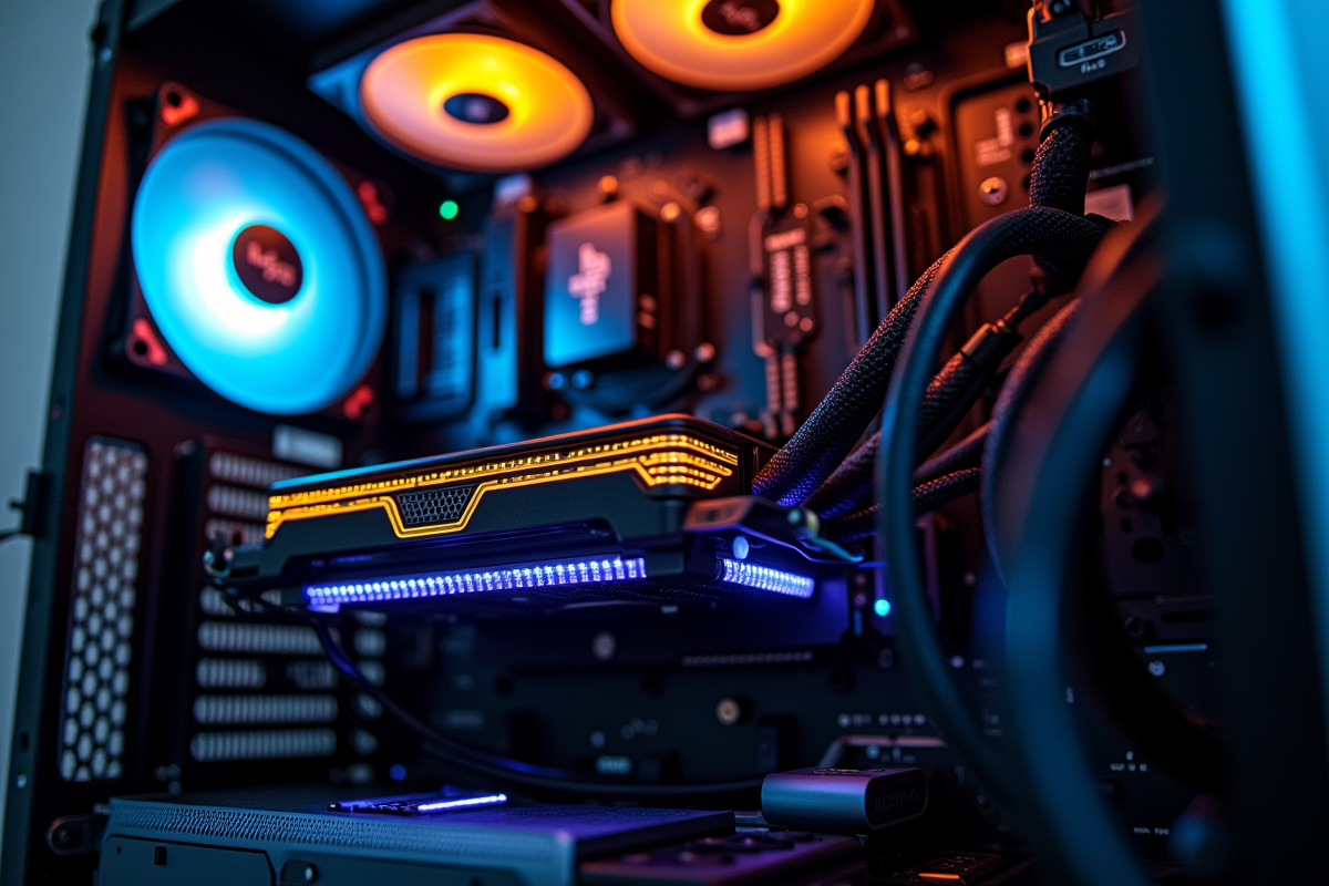 Détails de composants informatiques pour le minage bitcoin avec LED lumineuses
