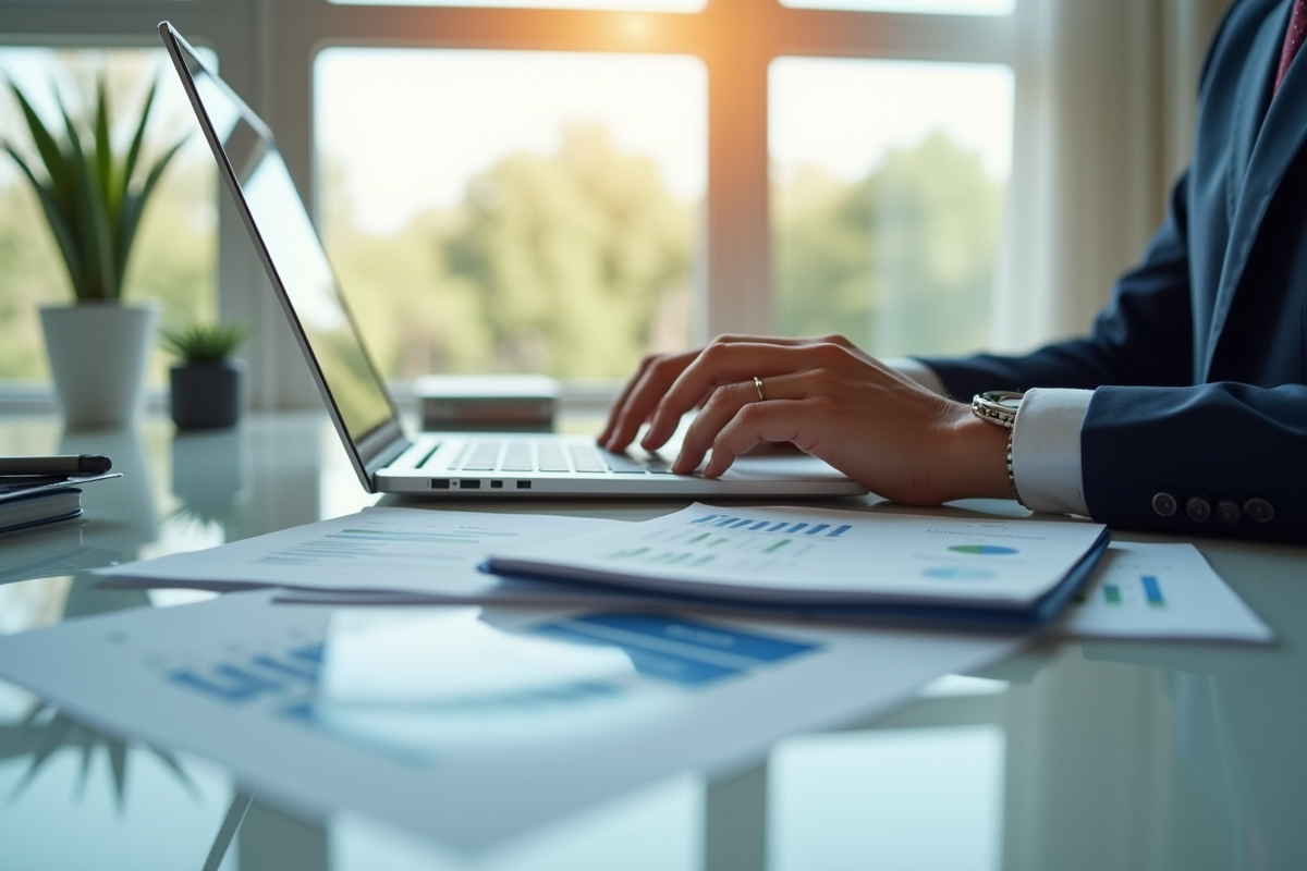 Comptable professionnel examinant des documents fiscaux dans un bureau lumineux