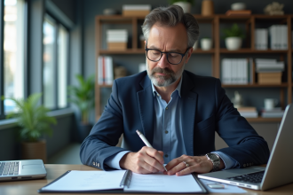 Comptable homme en costume bleu dans un bureau moderne