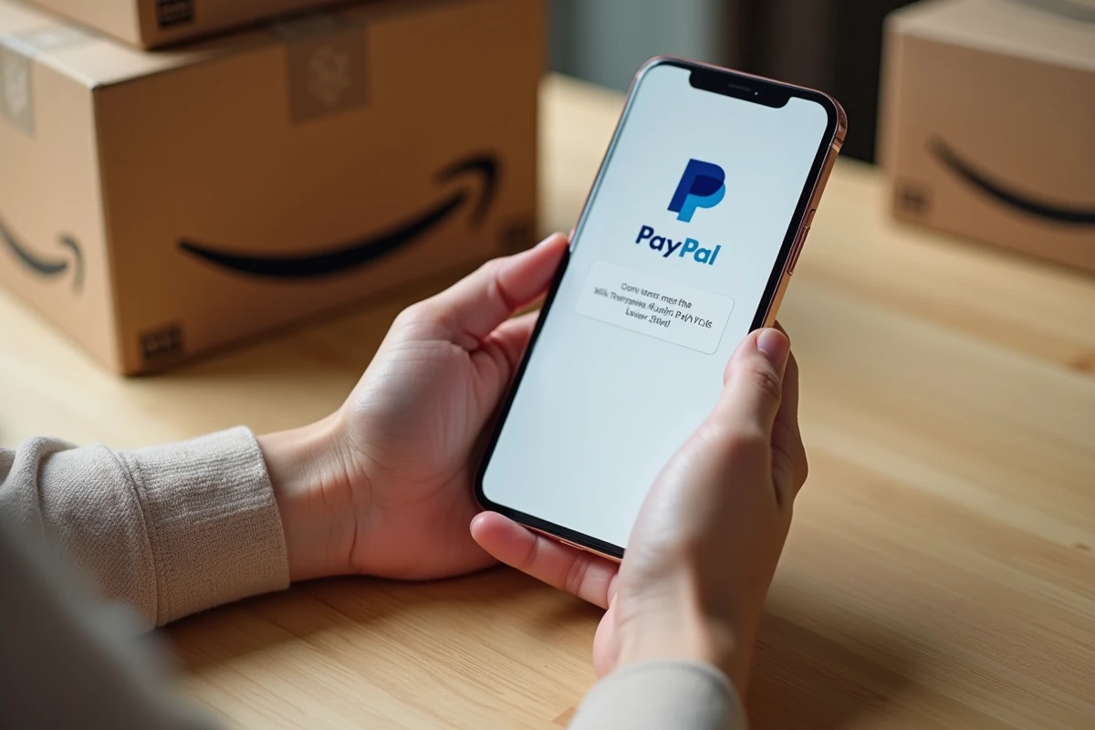 Gros plan sur des mains tenant un smartphone affichant une confirmation de paiement PayPal après une commande Amazon