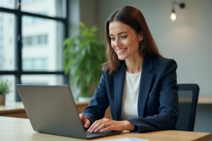 Femme professionnelle se connectant à son espace Cyberplus sur un ordinateur portable dans un bureau moderne