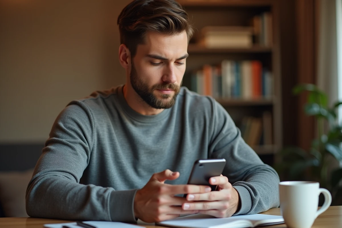 Homme utilisant son smartphone pour se connecter à l'application bancaire Cyberplus depuis son domicile