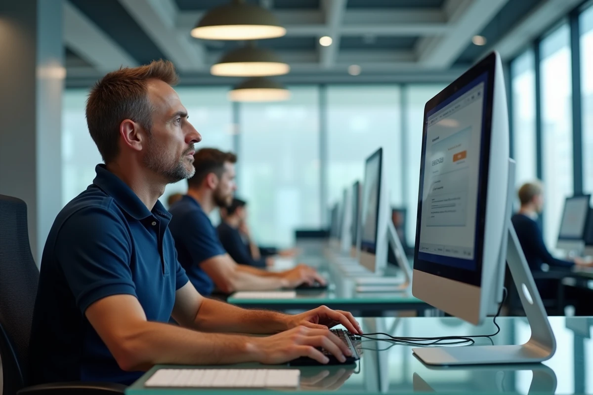 Homme en train de se connecter à un espace client sur un ordinateur de bureau dans un open space professionnel