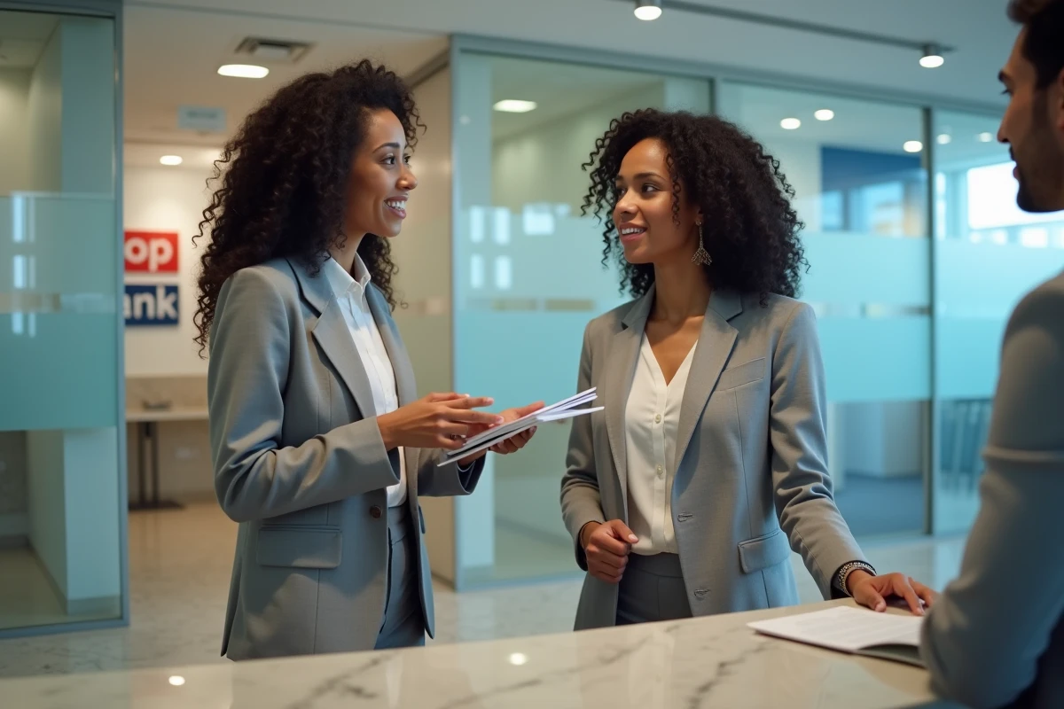 Femme en agence bancaire discutant des options de crédit Flex LCL et de découvert autorisé avec un conseiller