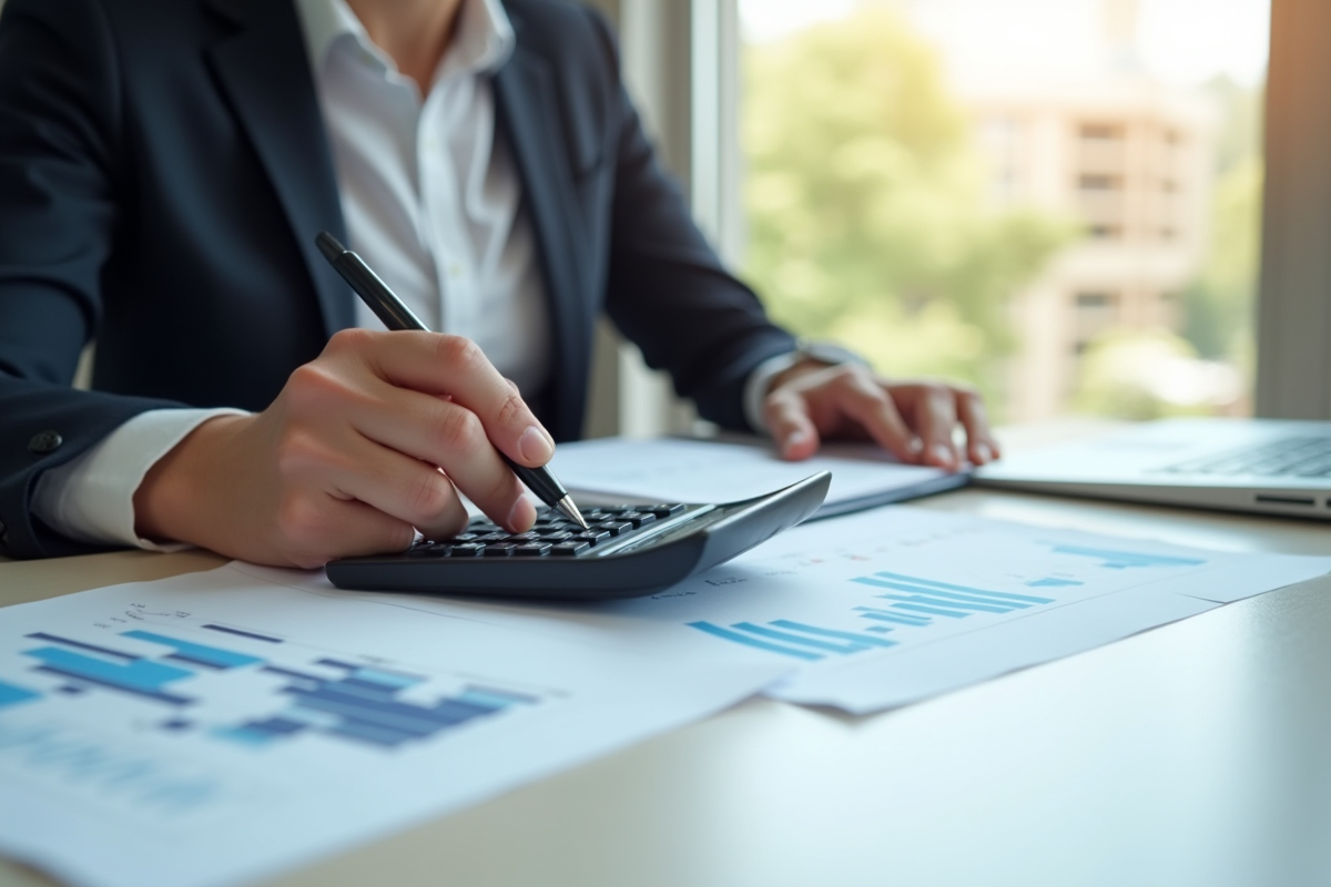 Mains d'un conseiller financier utilisant une calculatrice et un carnet