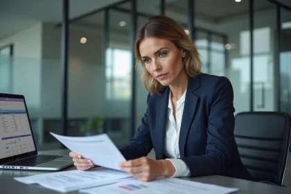 Conseillère financière analysant des documents dans un bureau moderne, illustrant la vigilance autour des sociétés de financement comme Perle Finance