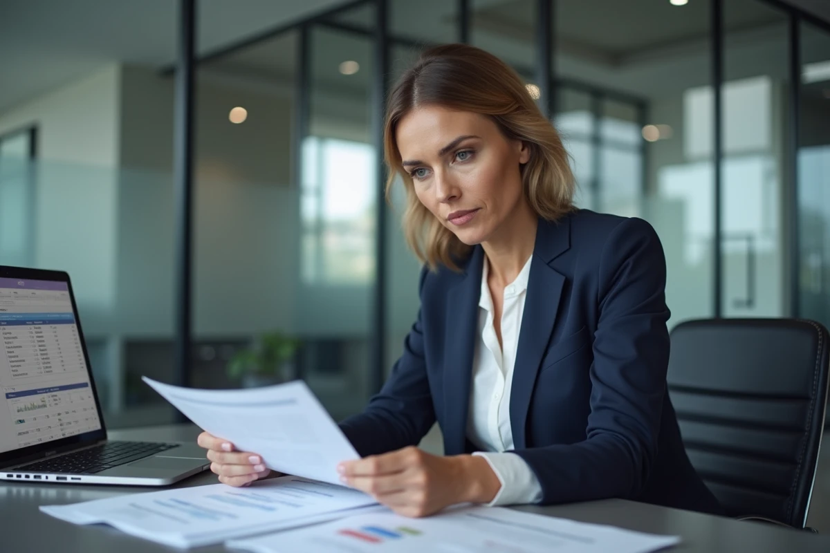 Conseillère financière analysant des documents dans un bureau moderne, illustrant la vigilance autour des sociétés de financement comme Perle Finance