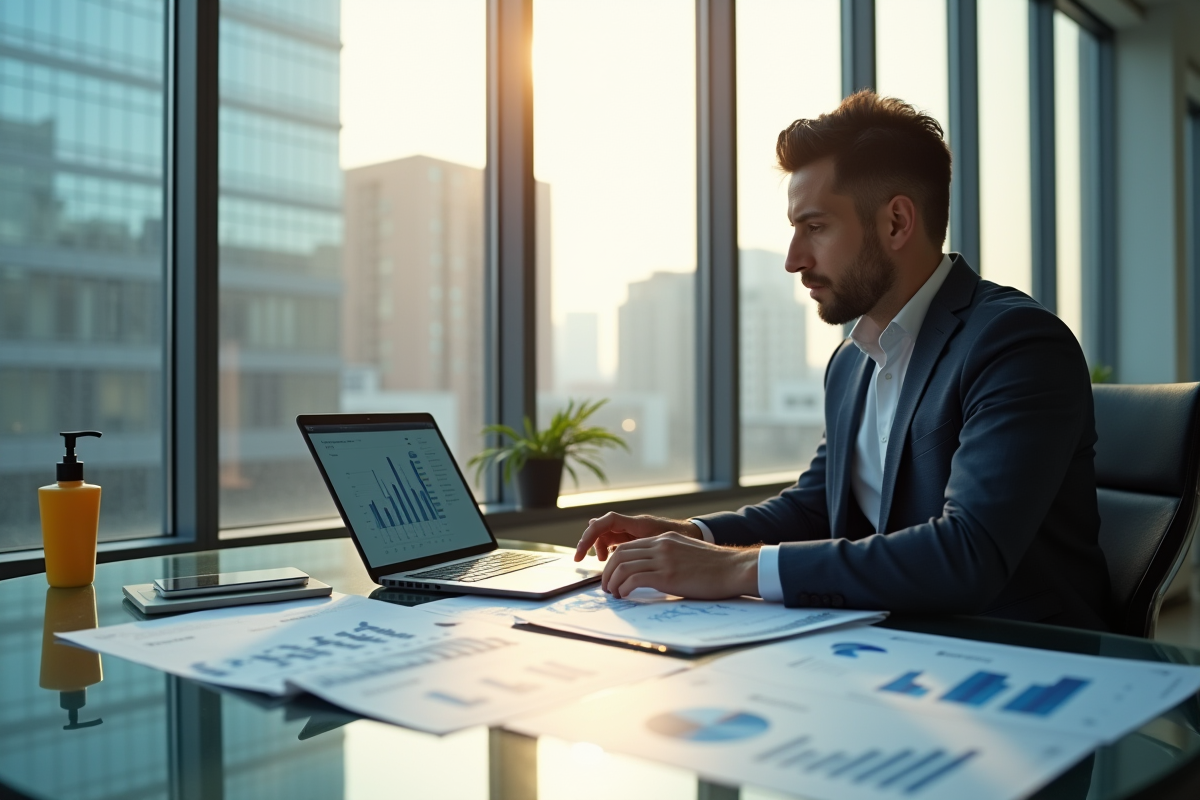 Consultant d'affaires dans un bureau moderne avec graphiques financiers