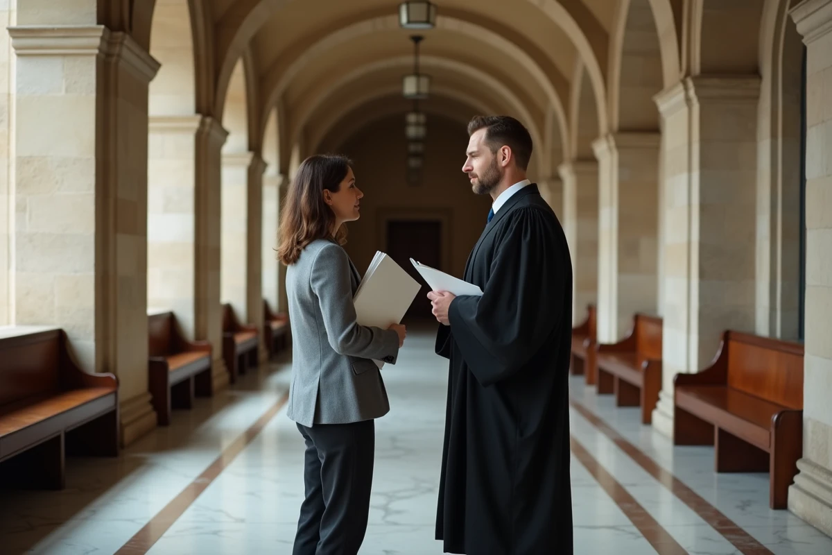 Femme consultant son avocat dans un couloir de palais de justice après une condamnation pécuniaire