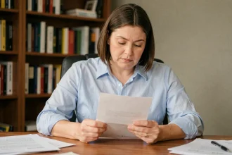 Femme lisant une lettre officielle concernant son fichier PRÉVENTEL à son bureau à domicile