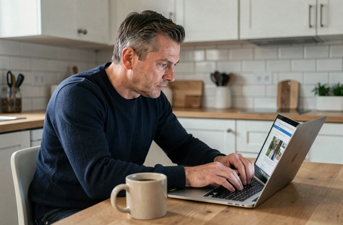 Homme consultant le fichier PRÉVENTEL en ligne sur son ordinateur portable dans une cuisine moderne