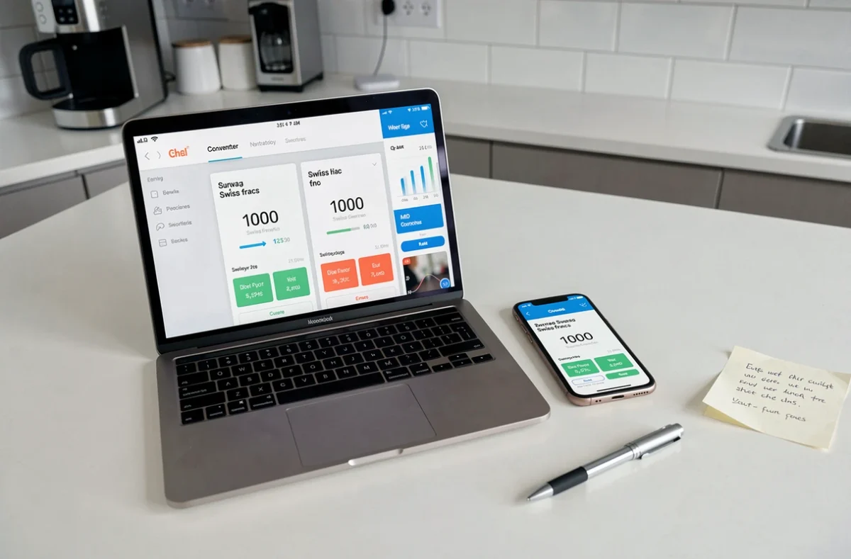 Calculatrice de devises sur ordinateur portable et smartphone affichant la conversion de 1000 francs en euros