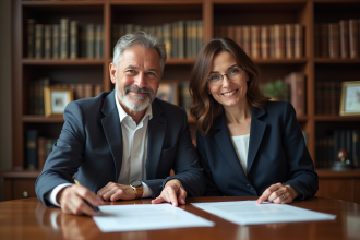 Couple d'adultes lisant un document juridique dans un bureau