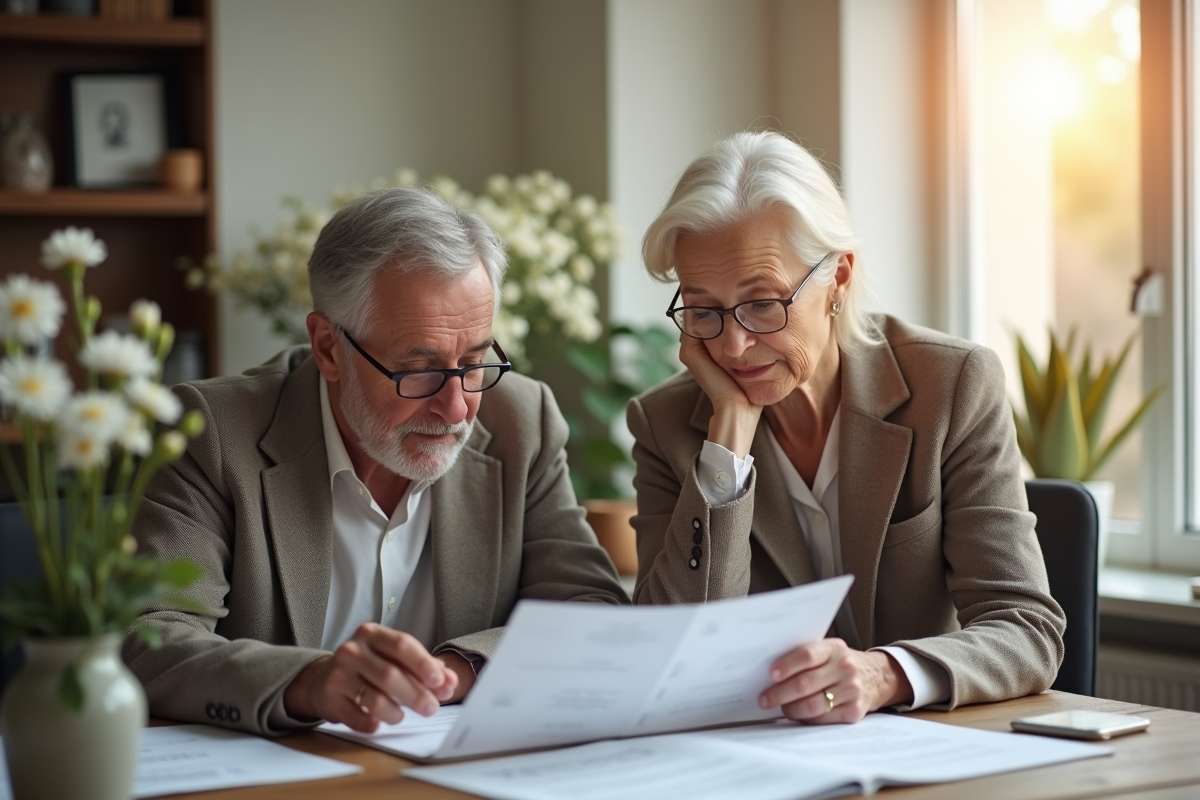 Couple âgé élégant discutant de finances à un bureau