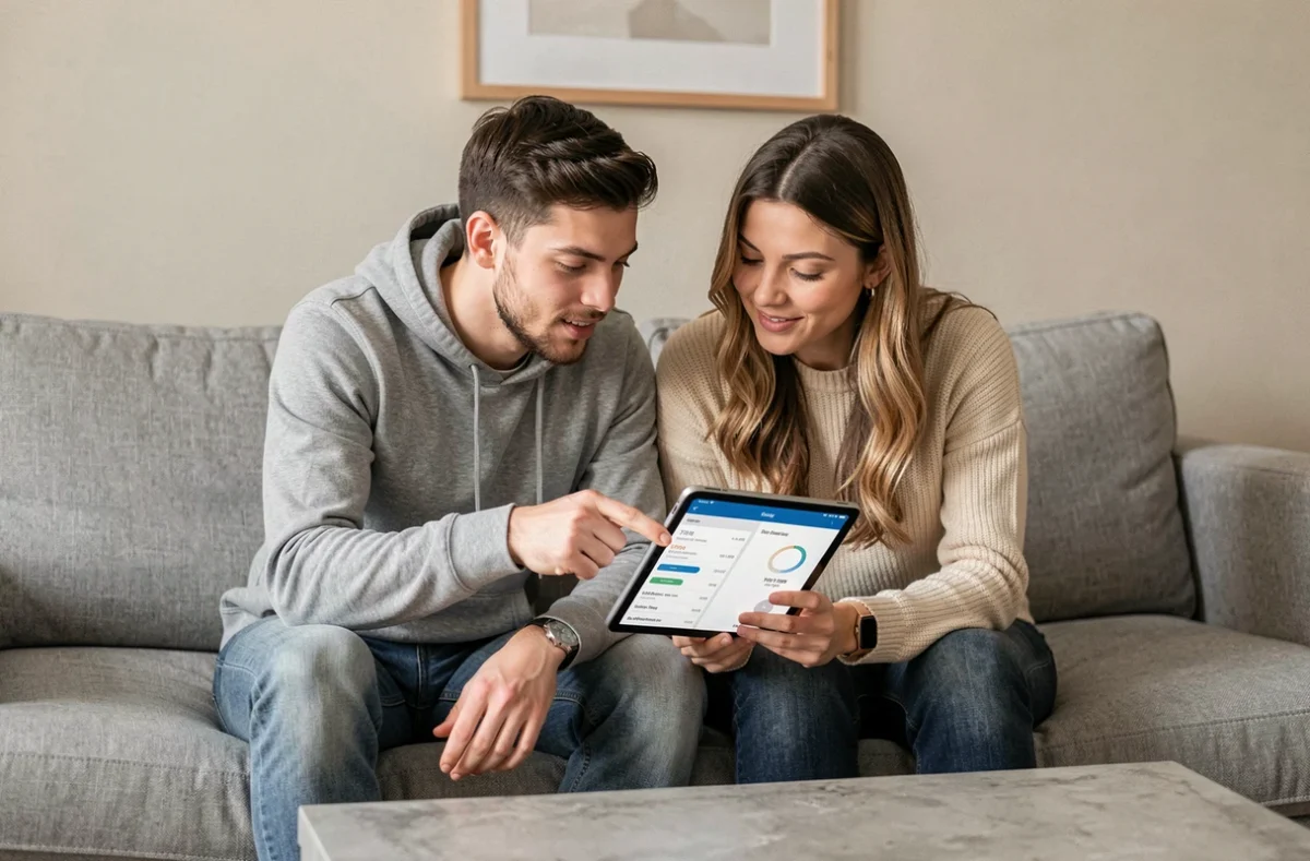 Jeune couple consultant une application bancaire sur tablette pour comprendre les intérêts de leur livret LEL