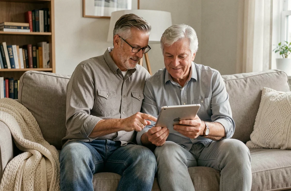 Couple consultant une application de mutuelle santé sur une tablette dans leur salon