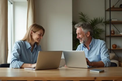 Couple d'adultes discutant de banque &agrave; domicile