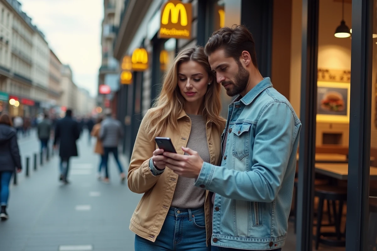 Couple comparant sur smartphone les enseignes fast-food acceptant les chèques vacances devant un McDonald's