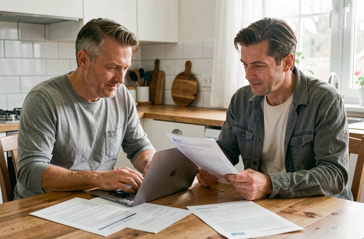 Couple comparant des offres d'assurance emprunteur à domicile pour changer de contrat grâce à la loi Bourquin