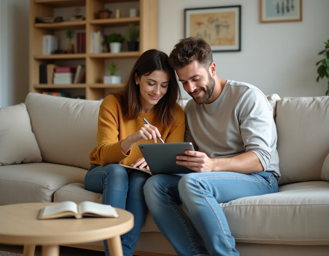 Couple comparant les offres bancaires et les meilleurs taux sur une tablette dans un salon