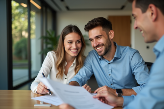 Jeune couple discutant avec conseiller bancaire dans un bureau moderne