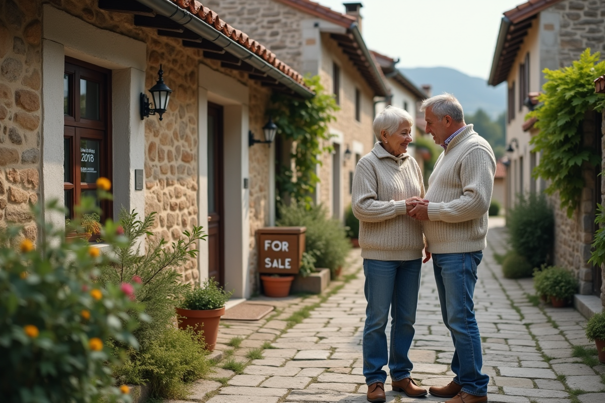Couple discute devant maison en village européen rustique