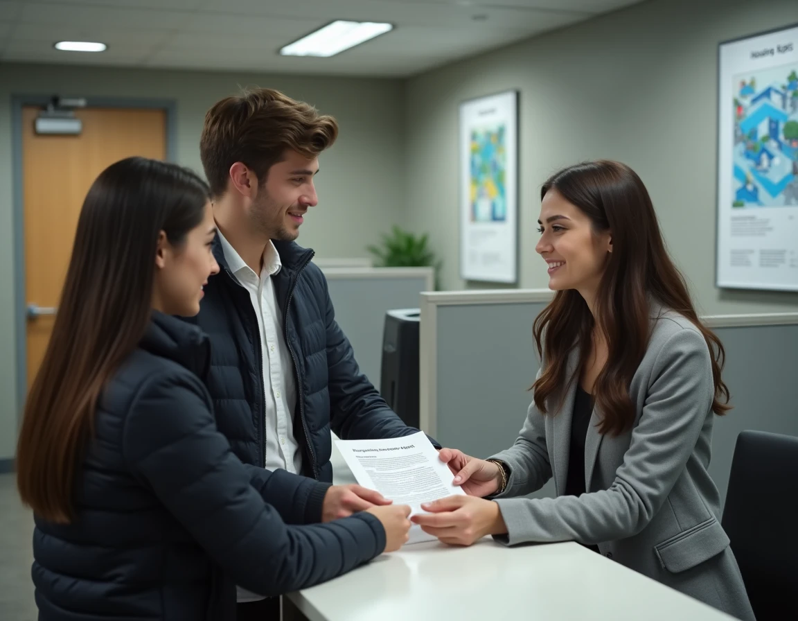 Jeune couple déposant un dossier d'aide au loyer auprès d'une conseillère dans une agence administrative