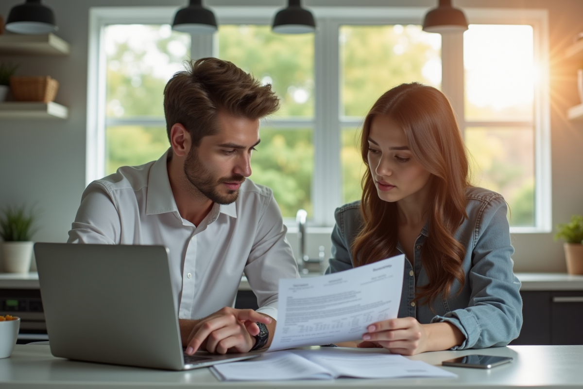 Jeune couple professionnel discutant finances à la cuisine