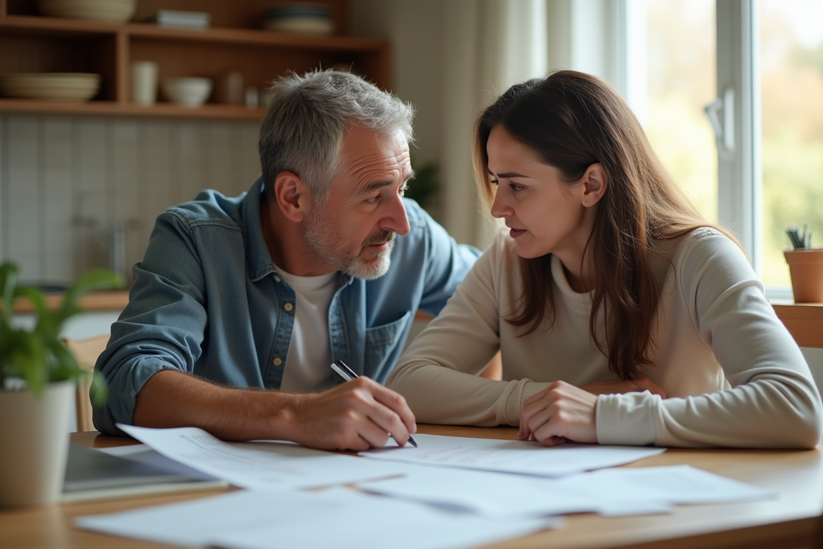 Couple discutant de finances à la maison