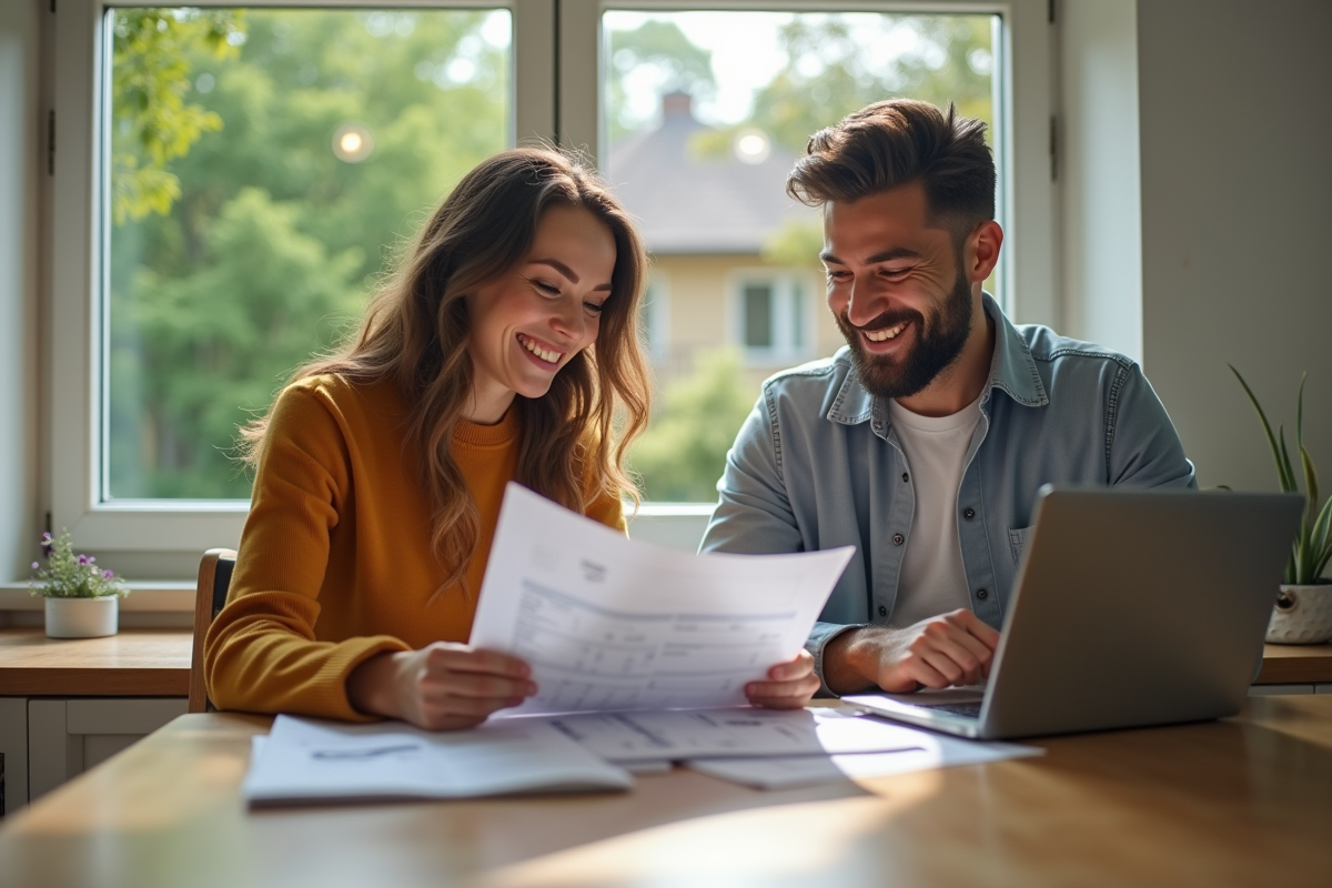 Couple souriant examinant documents financiers à la maison