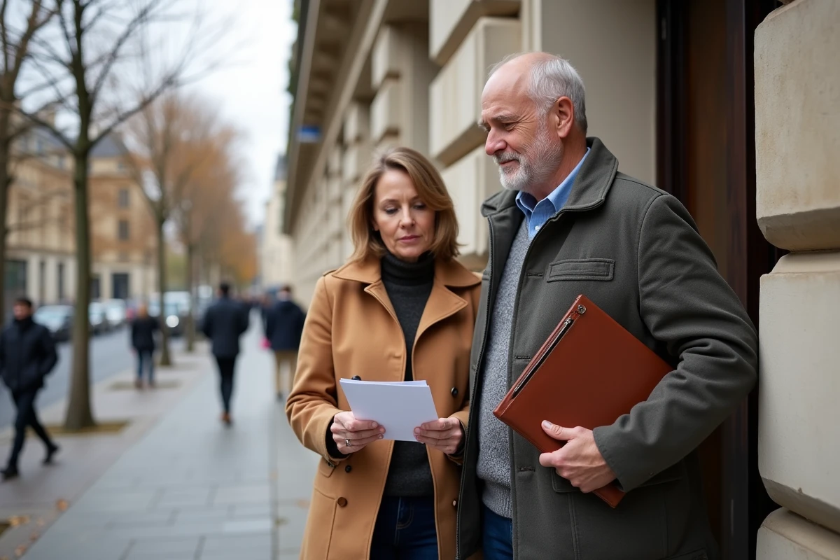 Couple français d'âge mûr devant une banque parisienne classique tenant des documents financiers symbolisant la gestion d'un héritage et d'une fortune familiale