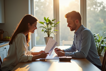 Couple discutant de finances à la maison avec documents