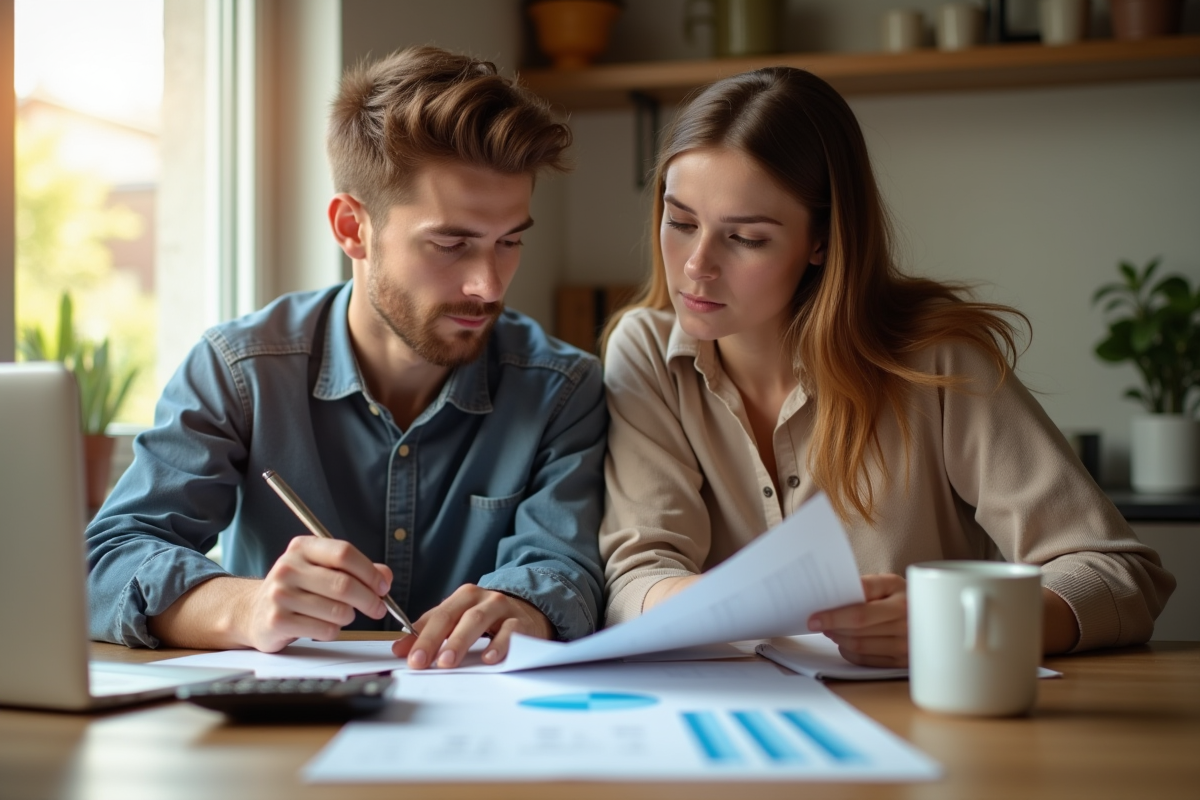 Jeune couple analysant des documents financiers à la cuisine