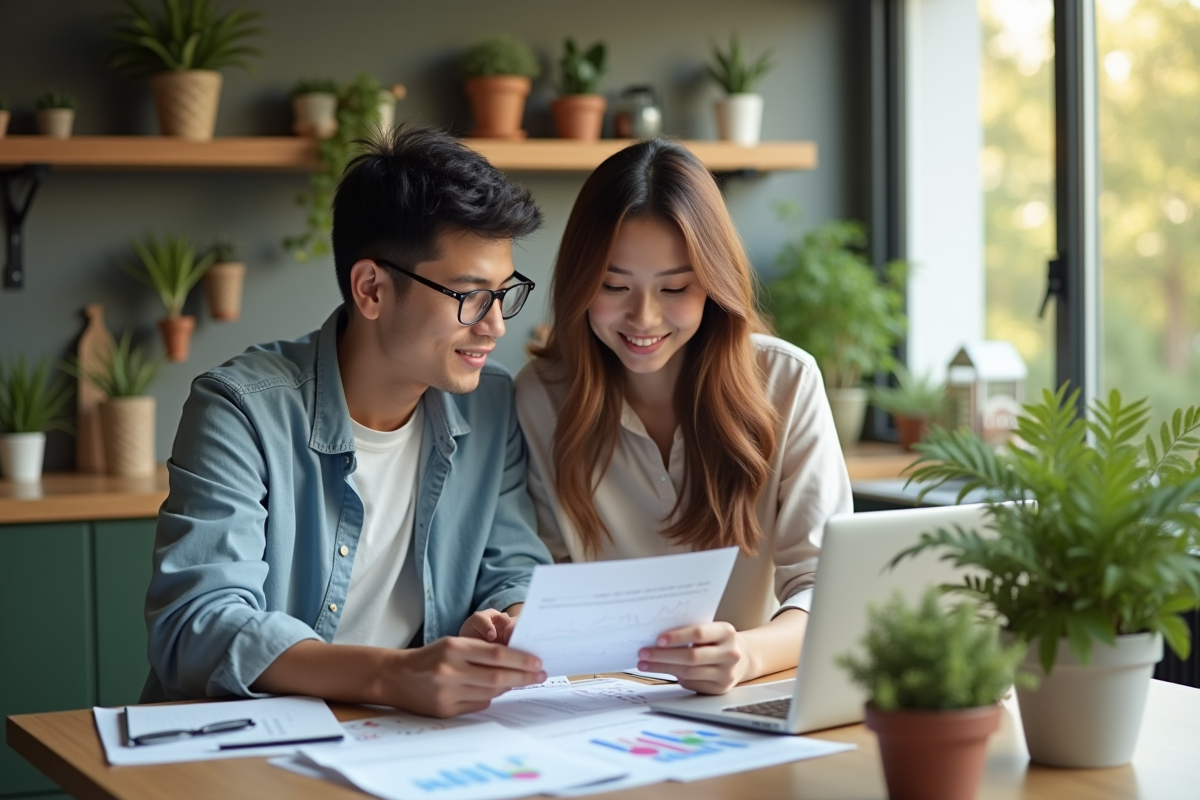 Jeune couple à la maison analysant des documents financiers