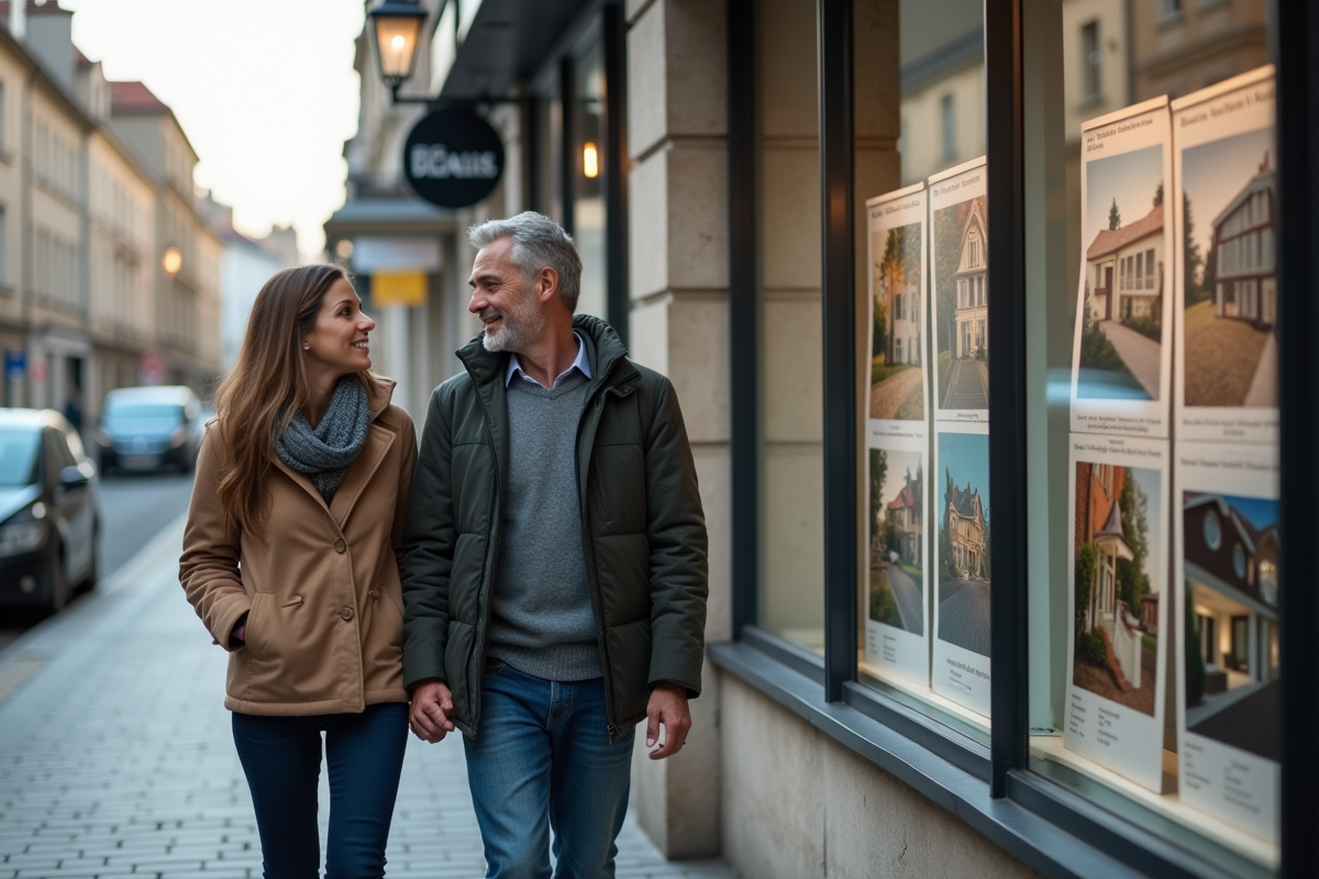 Couple regarde des annonces immobilières dans la rue