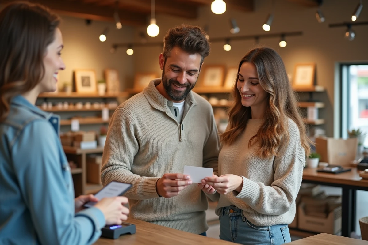 Couple utilisant une carte cadeau UpCadhoc à la caisse d'un magasin partenaire