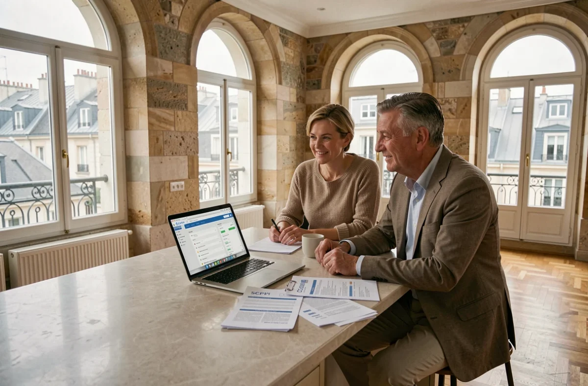 Couple planifiant leur investissement en SCPI au sein d'une assurance vie depuis leur appartement parisien