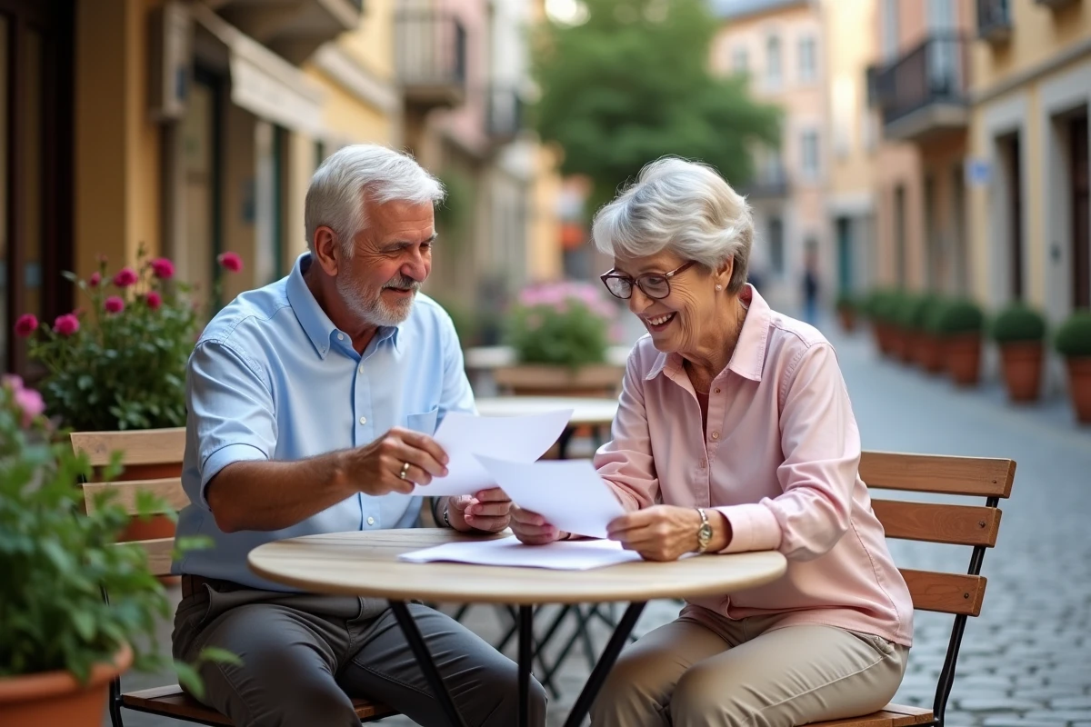 Couple retraité discutant au café en village
