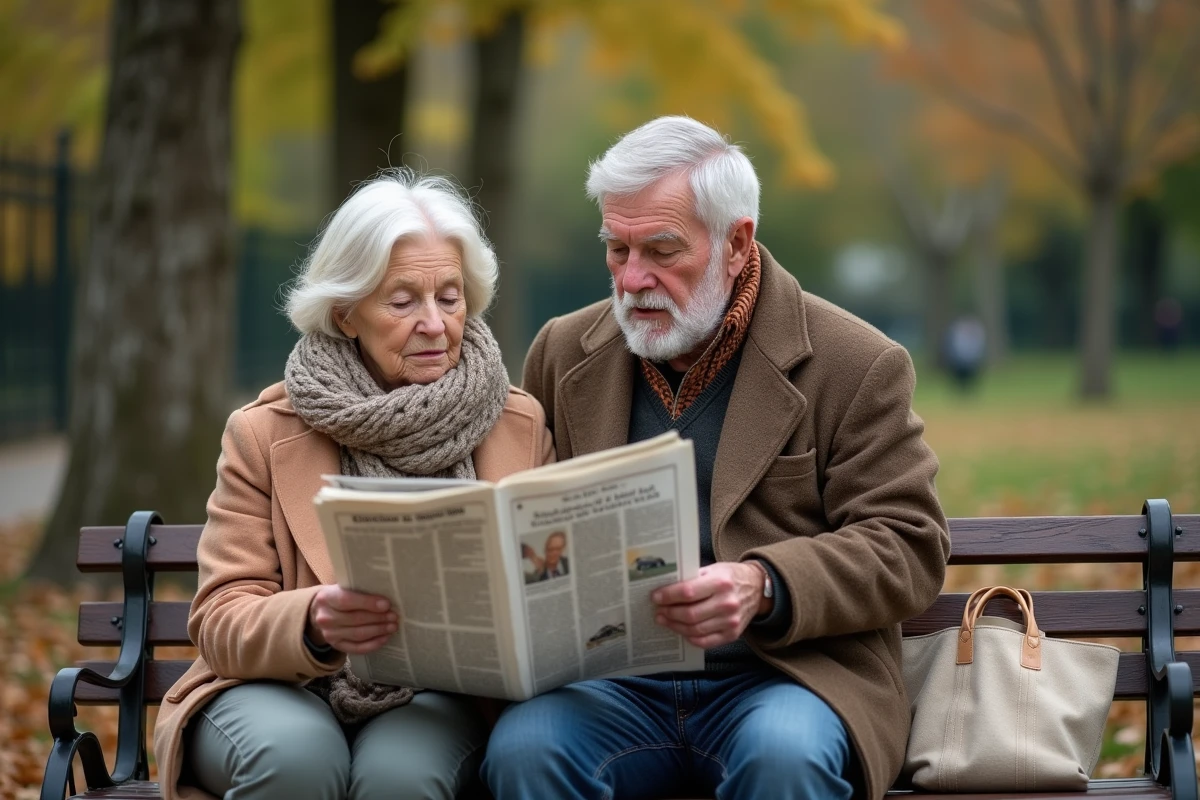 Couple de retraités lisant un journal sur les réformes de la CSG retraite dans un parc urbain français