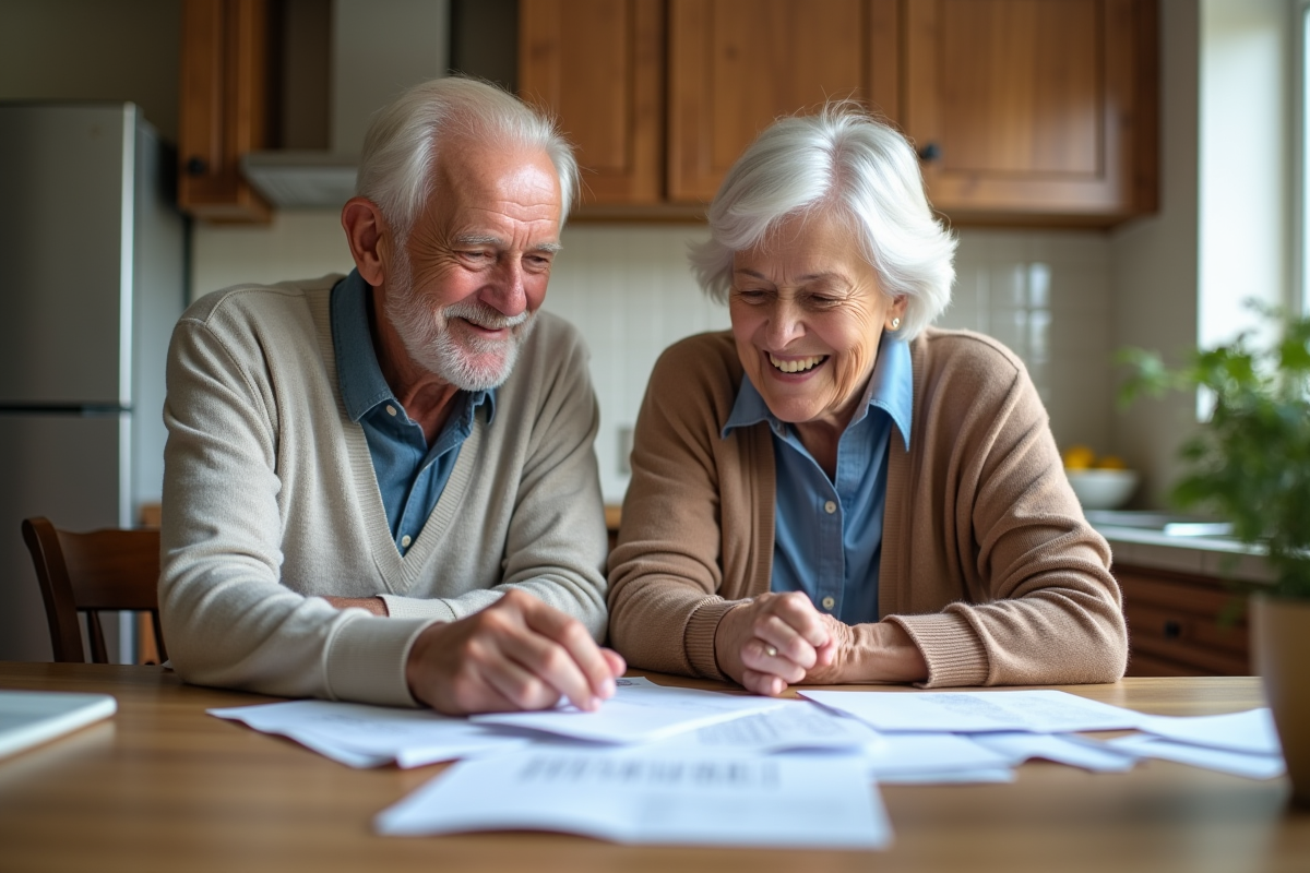 Couple senior souriant lisant des documents financiers