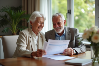 Couple senior souriant examinant documents financiers